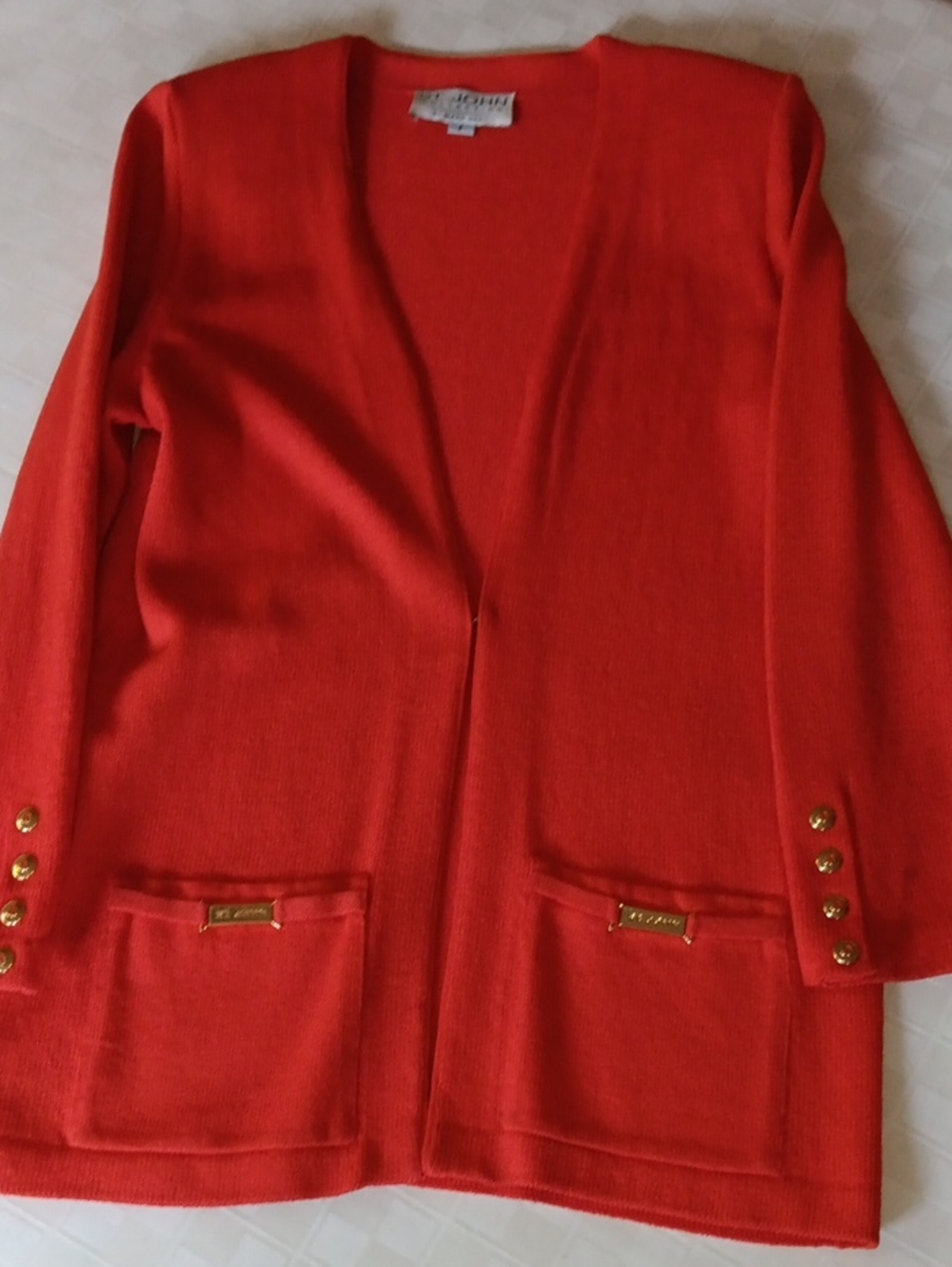 St. John Bright Orange Open-Front Knit Cardigan with Gold Accents